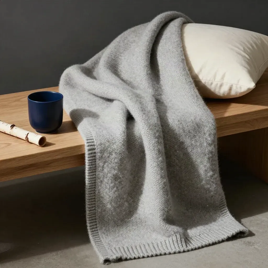 Plaid en laine gris perle sur banc en chêne, tasse mate, branche de bouleau et coussin crème.