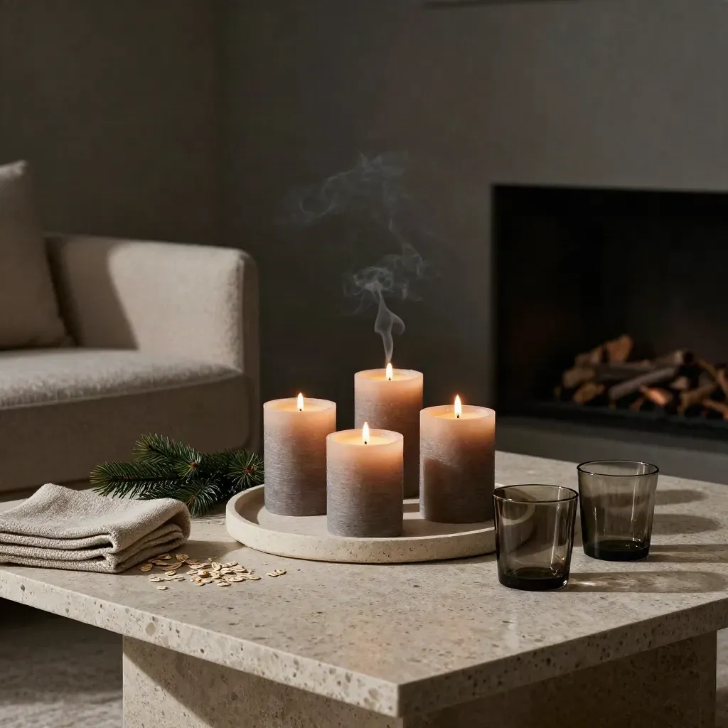 Bougies sur plateau en pierre avec plaid, sapin et verres fumés dans un salon cosy