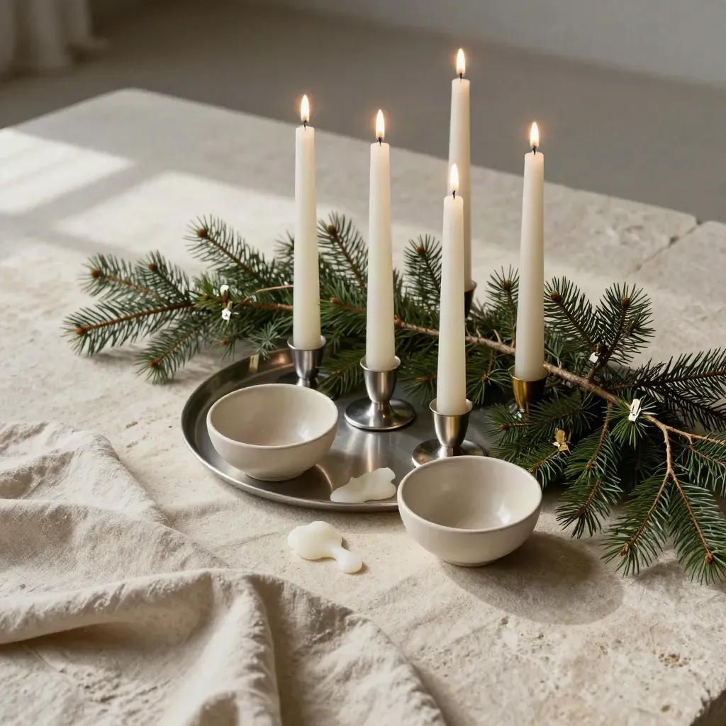 Vue zénithale d’un centre de table lumineux avec bougies, branches et coupes en céramique.