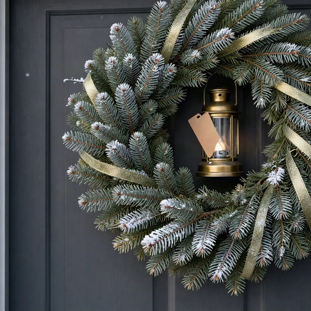Grande couronne de sapin artificiel sur porte sombre, ruban vert et or, lanterne et colis kraft.
