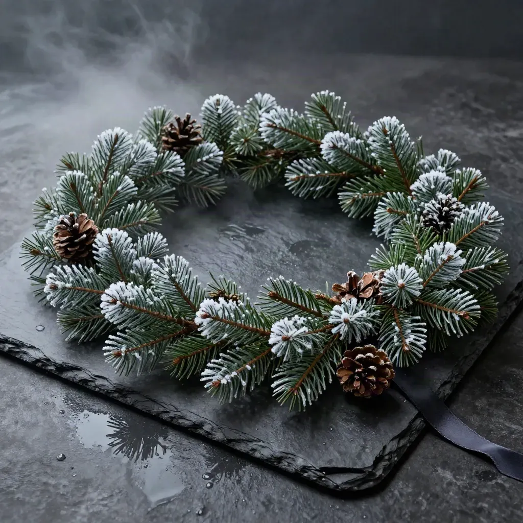 Guirlande de sapin givrées en S sur une dalle d’ardoise mouillée, avec pommes de pin et ruban sombre.