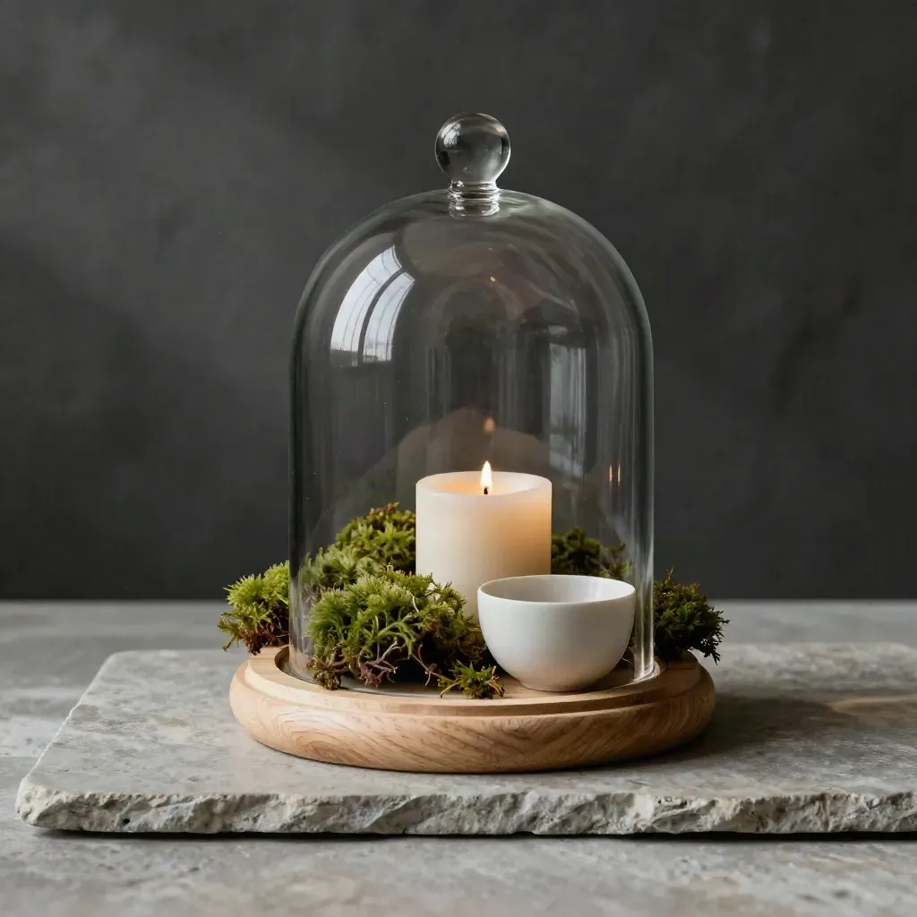 Cloche déco en bois clair avec mousse, bougie ivoire et petit bol sur pierre sombre.