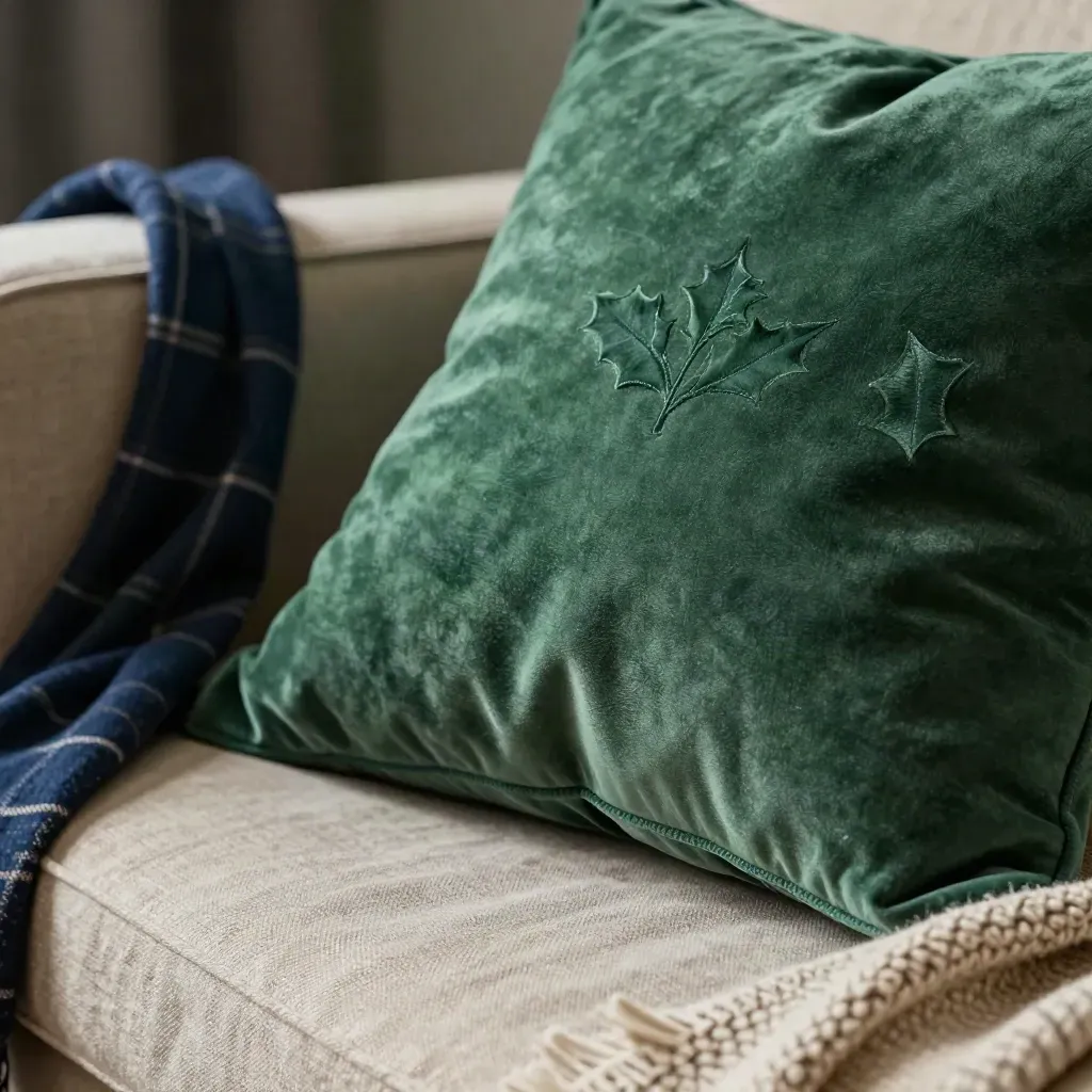 Coussin vert à motif houx sur fauteuil en lin, plaid roulé et branche de houx.