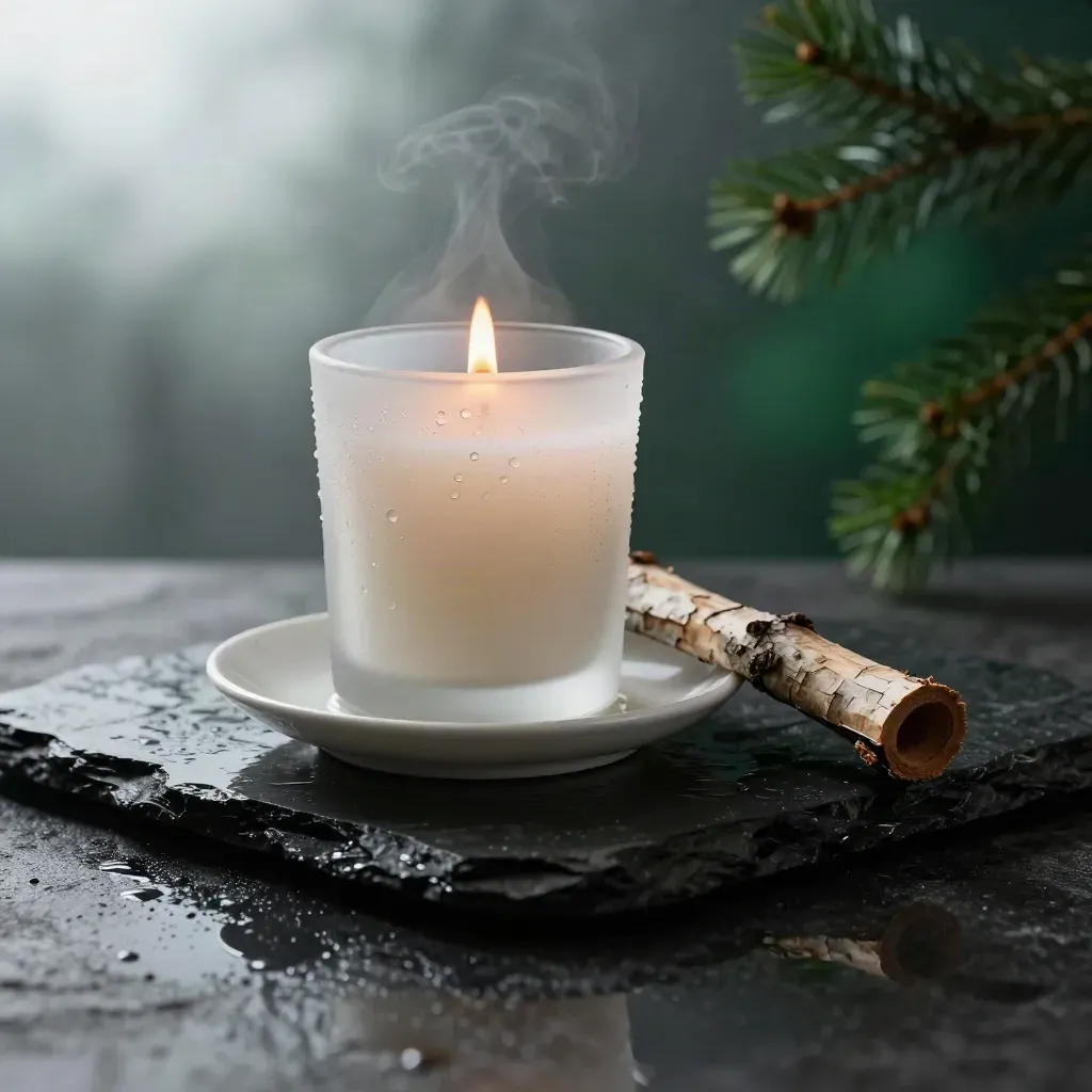 Bougeoir en verre dépoli avec bougie allumée sur pierre noire humide, ambiance hivernale.
