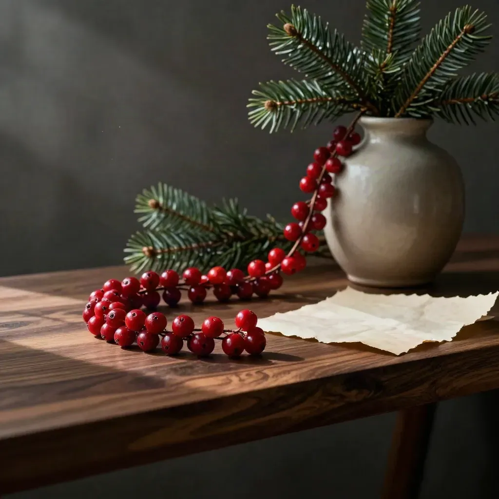 Guirlande de baies rouges sur étagère en bois, vase opaque, branche de sapin et papier artisanal.