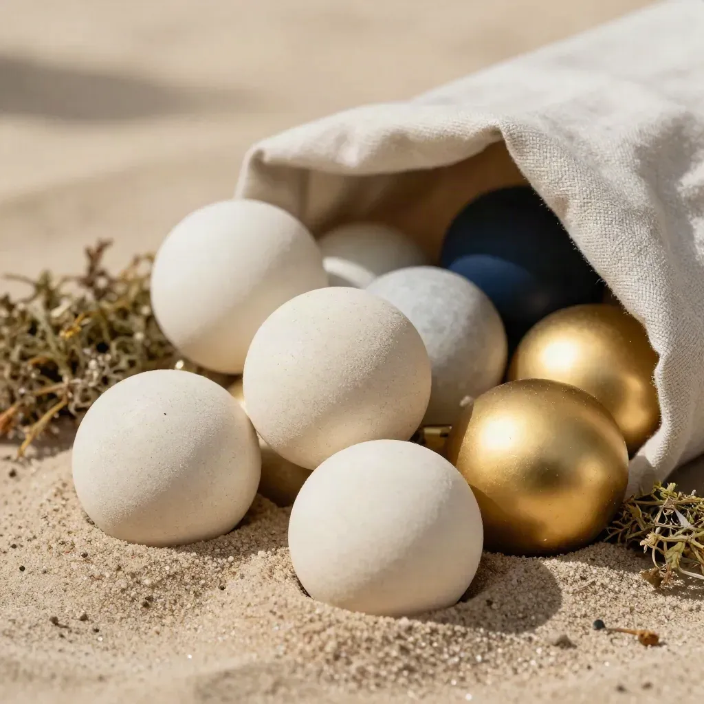 Gros plan de boules sable et or dans du lin froissé avec mousse sèche, lumière rasante.