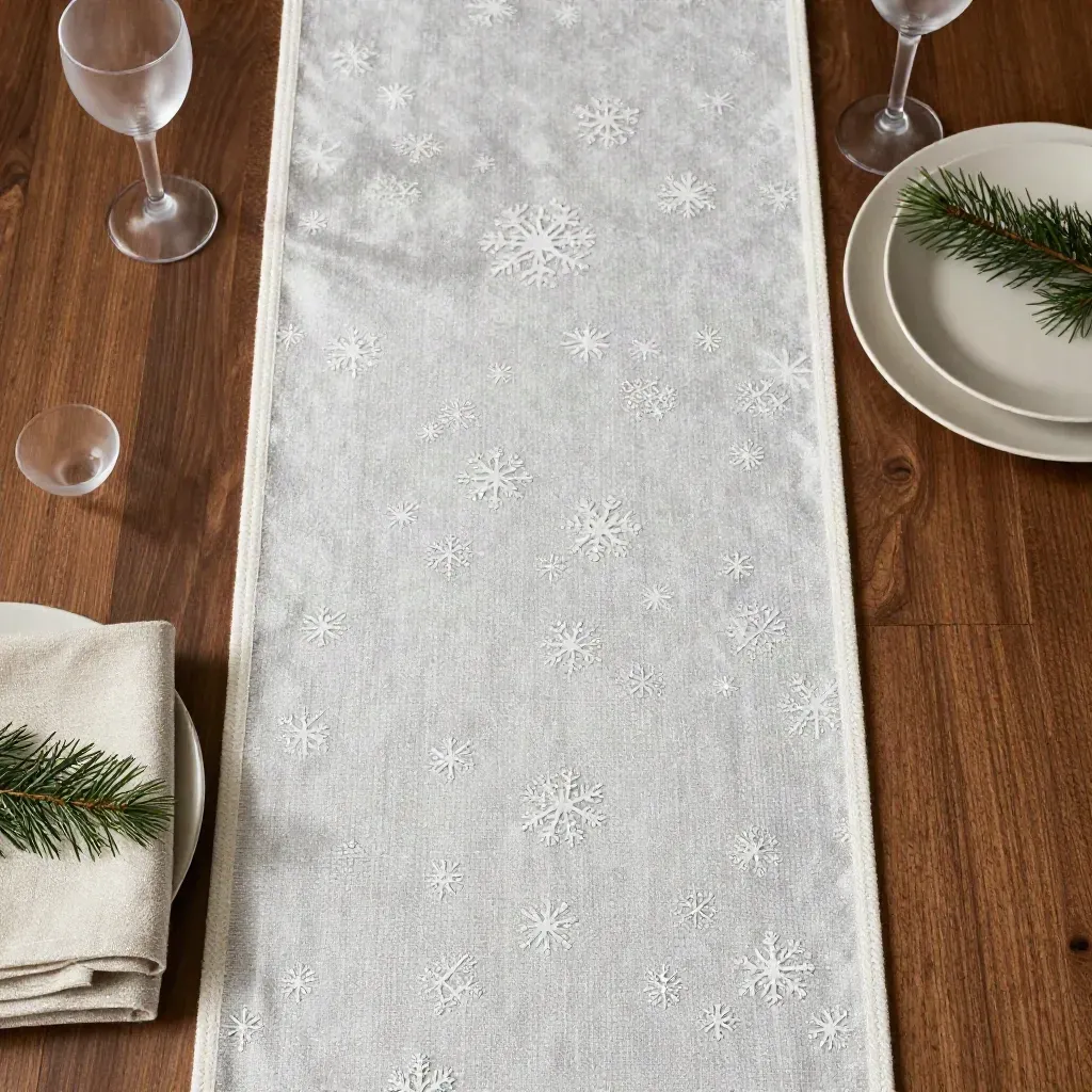 Chemin de table flocon sur table en chêne sombre, avec assiettes crème et verres givrés flous.