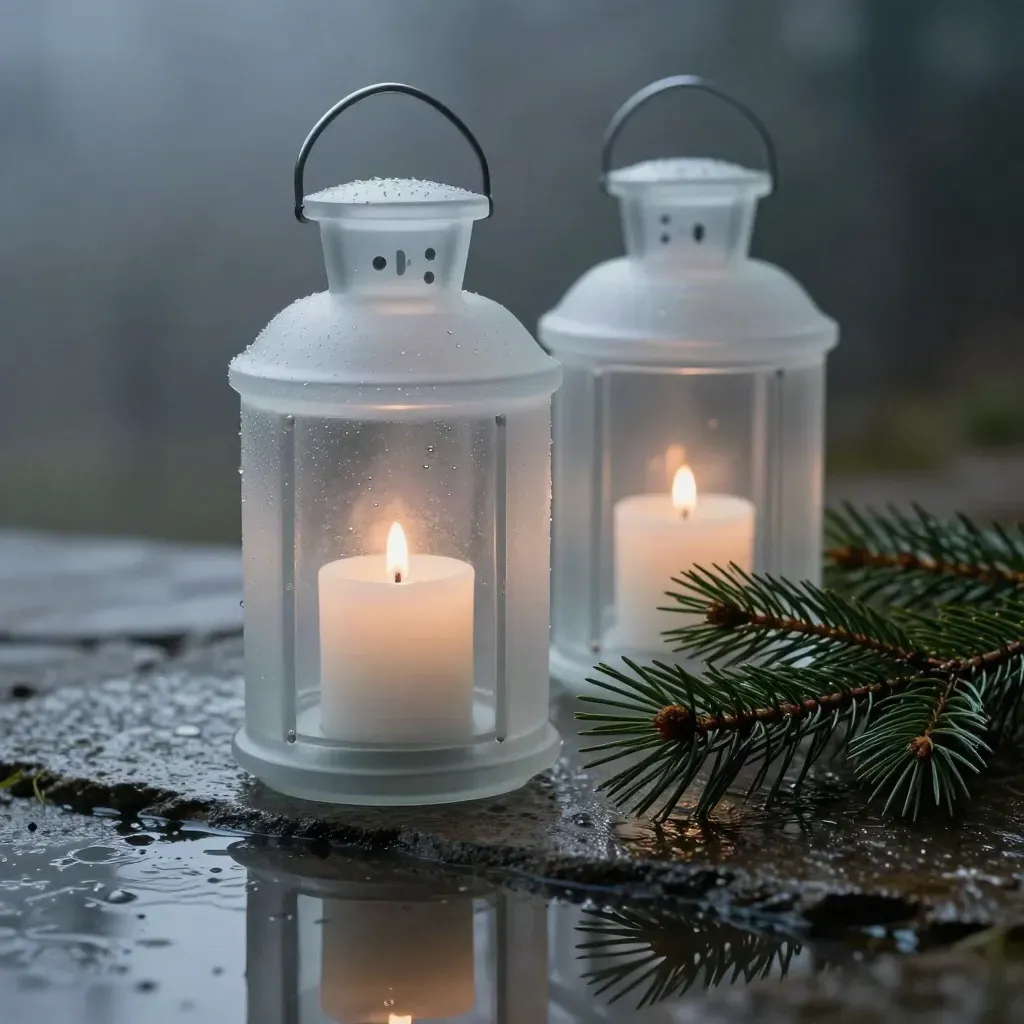 Deux lanternes en verre givré avec bougies sur un seuil de pierre mouillé et une branche de pin.