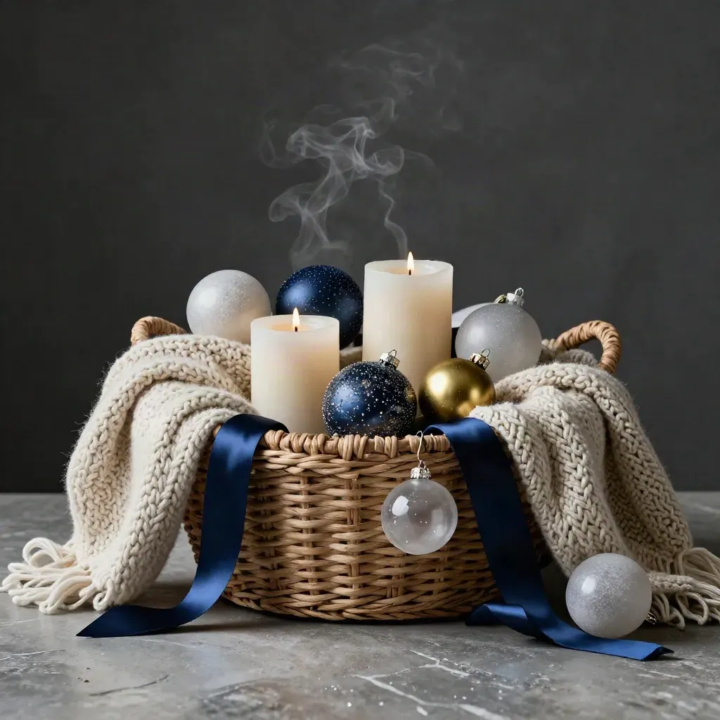 Panier d’hiver débordant de plaids, bougies, boules et rubans sur une table en pierre sombre.