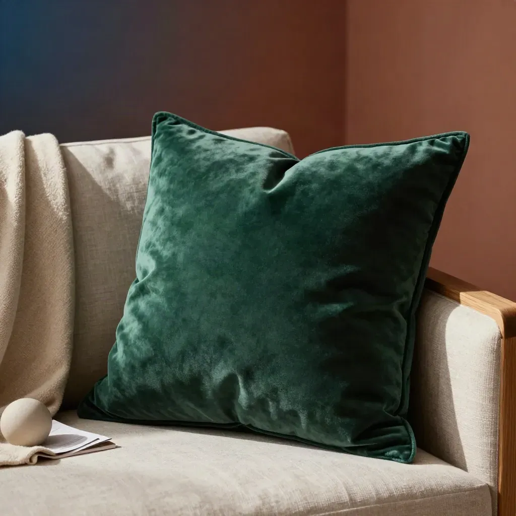 Coussin en velours vert sapin avec plaid plié et sphère céramique, sur fauteuil en lin.