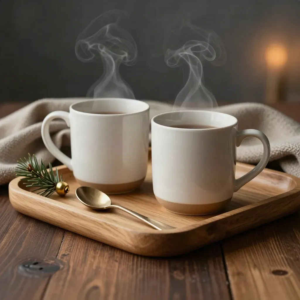 Deux mugs d’hiver en céramique sur plateau en bois, vapeur légère, plaid laine et cuillère rustique.