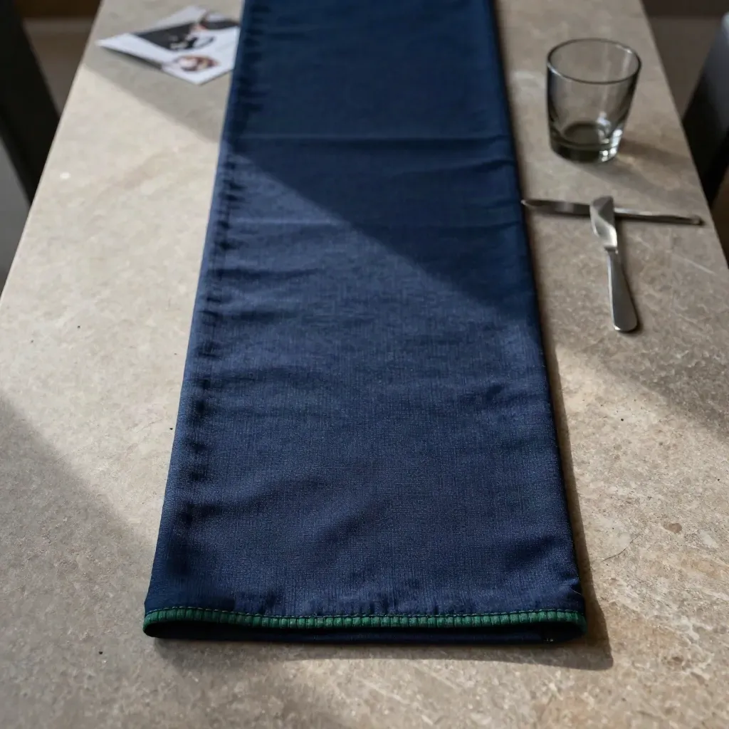 Chemin de table bleu nuit sur dalle minérale avec verres fumés et couverts flous, vue du dessus.