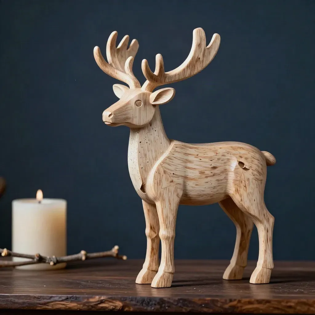 Renne décoratif en bois clair, bougie ivoire et brindille sèche sur console sombre.