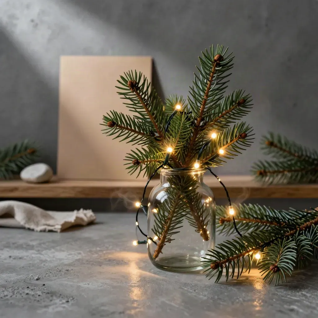 Guirlande LED chaude enroulée sur une branche de sapin et un vase en verre fumé, lueurs douces.