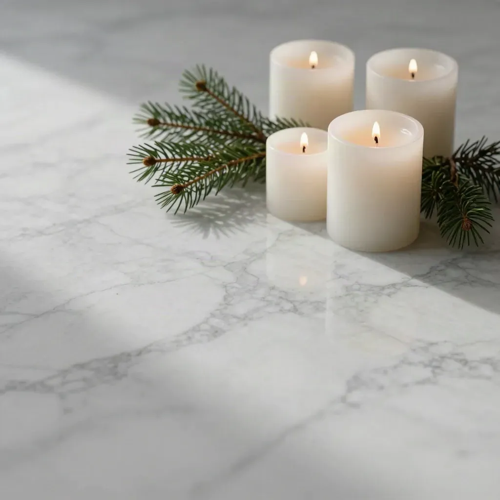 Bougies blanches et branches de sapin sur marbre veiné, lumière douce et espace vide en bas