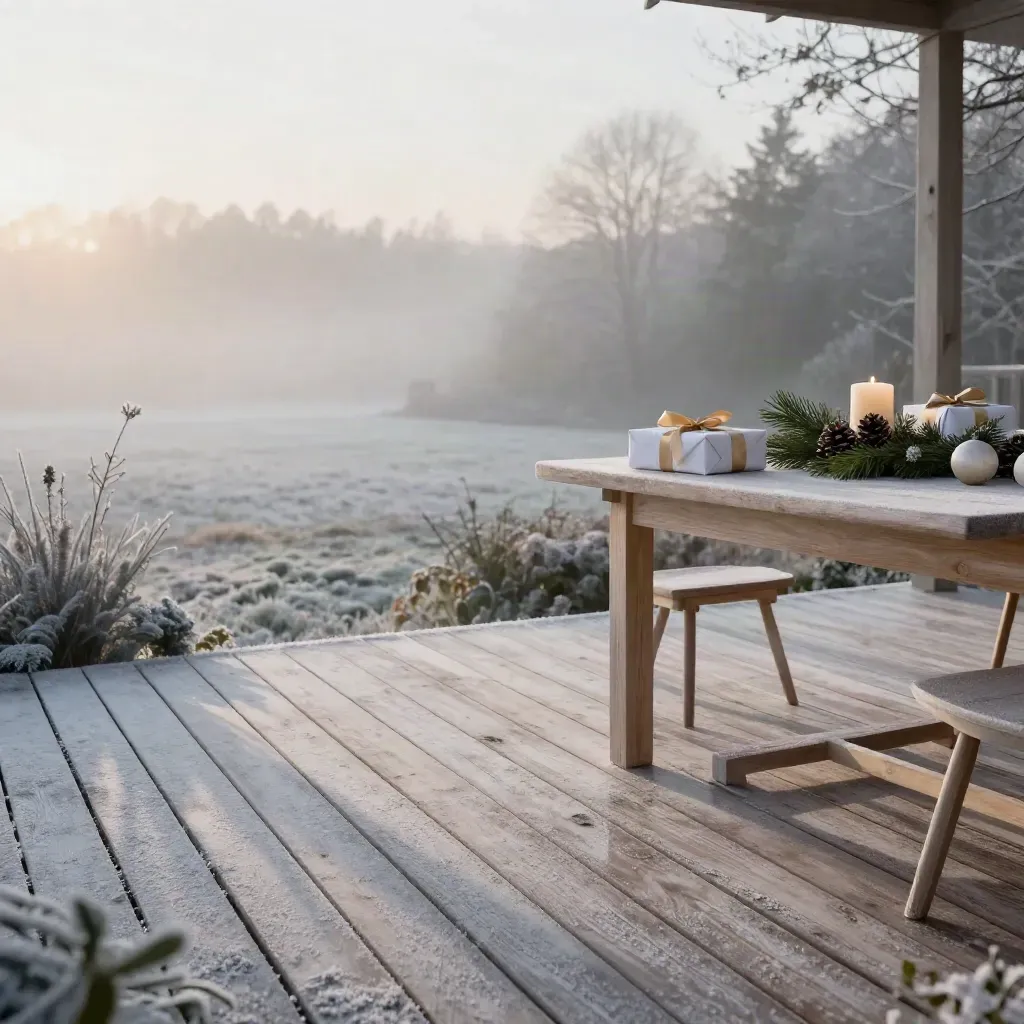 Terrasse boisée givrée au lever du jour, cadeaux d’hiver et centre de table dans une brume douce.