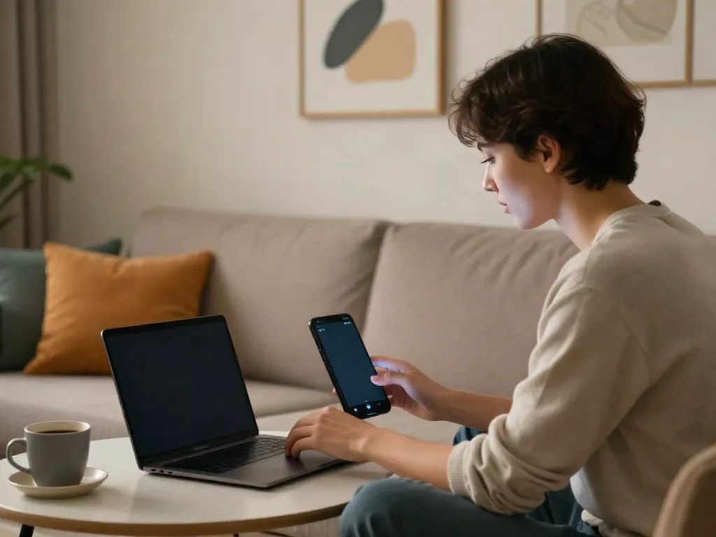 User interacting with a sex AI chat in a cozy digital environment, illuminated by laptop light.